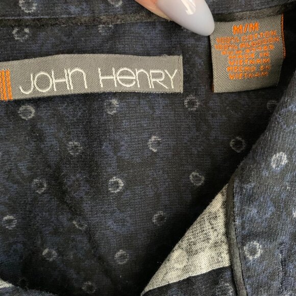 John Henry Button Up Long Sleeve Shirt M Black Blue Circles Cotton Collared - Picture 6 of 6